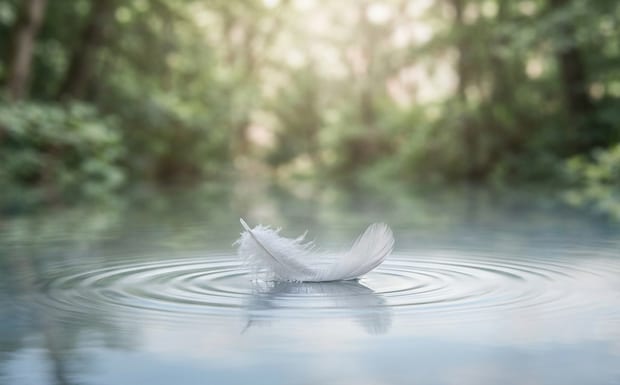 Plume blanche posée à la surface d’une eau calme, entourée de fines ondes concentriques, sur un fond de feuillage vert lumineux
